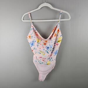 Lulus Botanical Bombshell Pink Floral Print Cowl Neck Bodysuit Size Medium